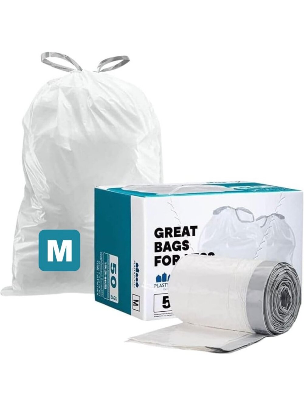 Custom Fit White Drawstring Trash Bags, 12 Gallon, 50 Count, Compatible with